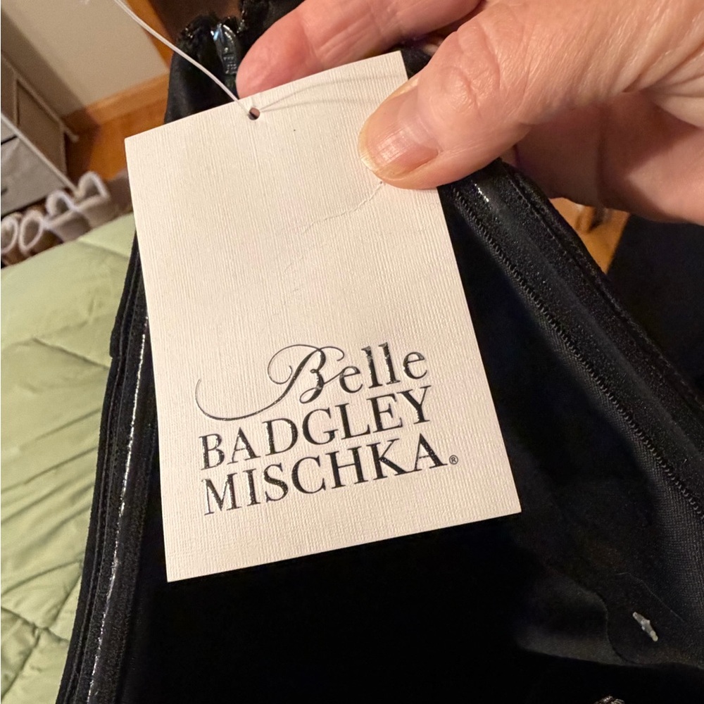 Badgley Mischka Black Strapless Midi Dress with Silver Halter Tie - Picture 9 of 11